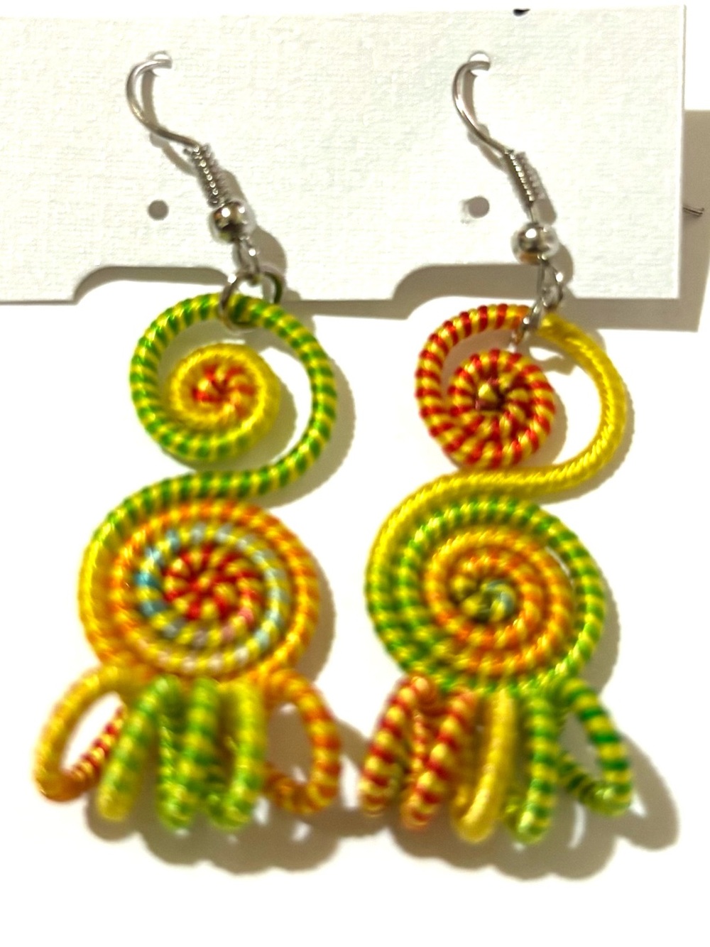 Handmade Yellow Green Multicolor Spiral Drop Earrings